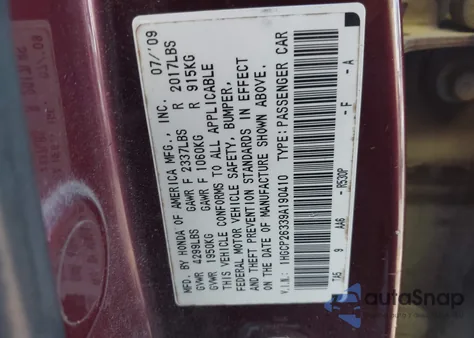 2009 Honda Accord 2.4 Lx from USA, damaged, VIN 1HGCP26339A190410
